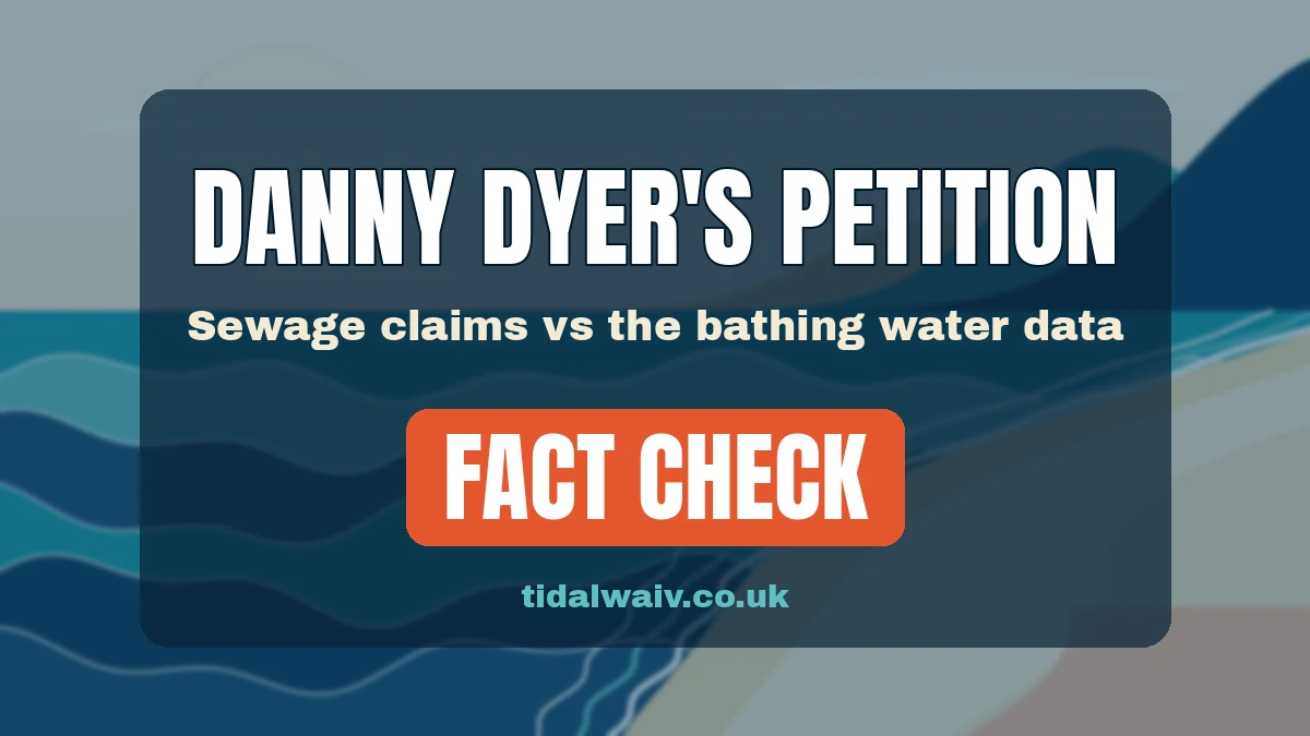 Cover graphic: Danny Dyer's petition, sewage claims vs the bathing water data, fact check, tidalwaiv.co.uk, over an abstract waves illustration
